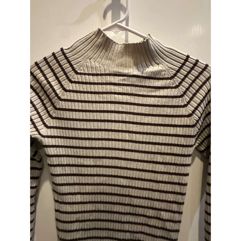 Hooked Up Womens Mock Neck Ribbed Knit Striped Sweater Cream Brown Small - Picture 2 of 6
